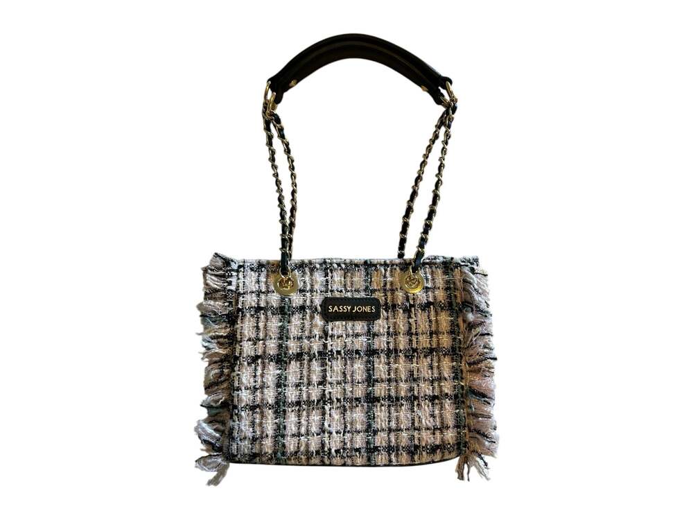 Sassy Jones Pink and Black Tweed Fringe Status Handbag with Chain Strap